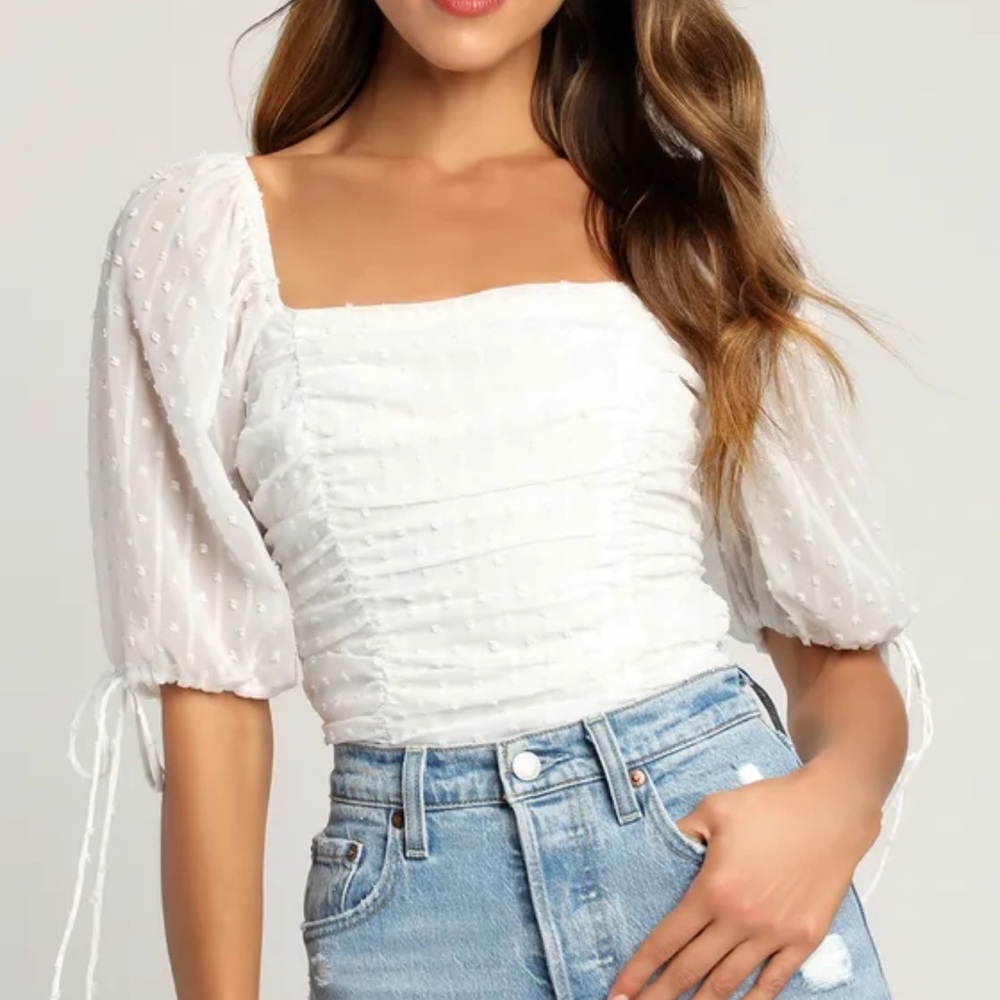 Lulus Think of Me Ivory Swiss Dot Ruched Bodysuit